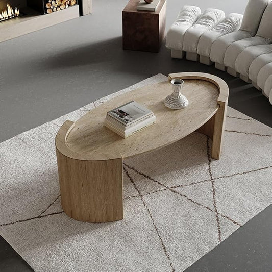 homary 43" Japandi Oval Travertine Stone Top Coffee Table – Double Pedestal Oval Coffee Table with Natural Beige Stone Surface and Engineered Wood Base for Living Room and Lounge