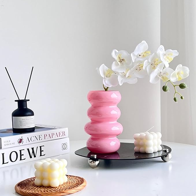 BLOFLO Colored Glass Hydroponic Flower Vase, 7-Inch Pink Glass Vase, Four-Layer Geometric Glass Floral Vase for Home Décor, Modern Bubble Glass Vase for Home Office Wedding Table (Pink)