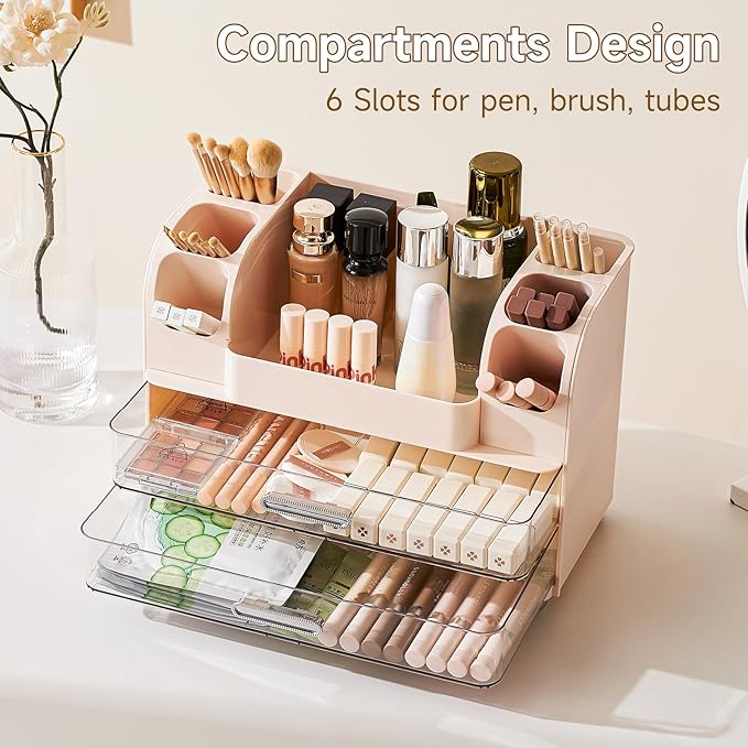 Makeup Organizer for Vanity with 2 Large Drawers, Cosmetic Display Case with Brush Holders, Easy to Storage for Bathroom Countertop Skincare, Desk Office Supplies, Cream White