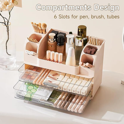 Makeup Organizer for Vanity with 2 Large Drawers, Cosmetic Display Case with Brush Holders, Easy to Storage for Bathroom Countertop Skincare, Desk Office Supplies, Cream White