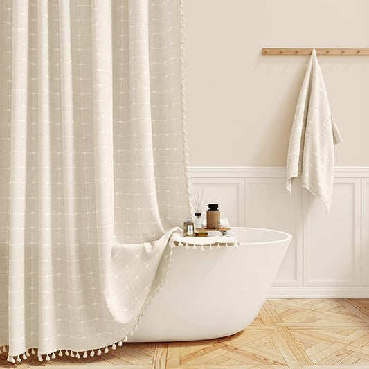 BTTN 84 Inch Wide Shower Curtain - W84xH72 Boho Farmhouse Fabric Shower Curtain Set with 14 Plastic Hooks, Large Country Hotel Spa Simple Water-resistant Cloth Bath Curtains for Bathroom - Cream/Beige
