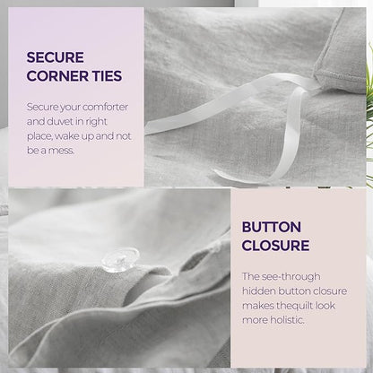 Simple&Opulence 100% Linen Duvet Cover Set with Washed French Flax-Full Size(78"x 86")- 3 Pieces (1 Comforter Cover,2 Pillowshams) Basic Border Design Premium Bedding Set Breathable,Grey and Brown