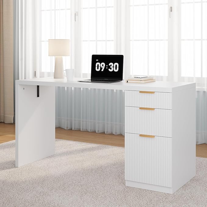 FURSUN 58" Modern Executive Desk with Storage, Home Office Desk with Drawer & Cabinet, Wooden Fluted Desk for Study, Living Room, Bedroom, White
