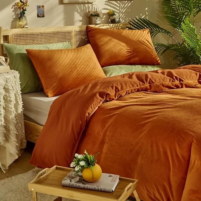 CLOTHKNOW Burnt Orange Fluffy California King Comforter Sets Velvet Bedding Comforter Sets Soft Terracotta Comforter with 2 x Pillow Cases