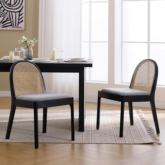 Mid Century Dining Chairs Set of 2, Rattan Side Chairs Linen Fabric Kitchen Chair with Solid Wooden Legs for Living Room Dining Room, Grey