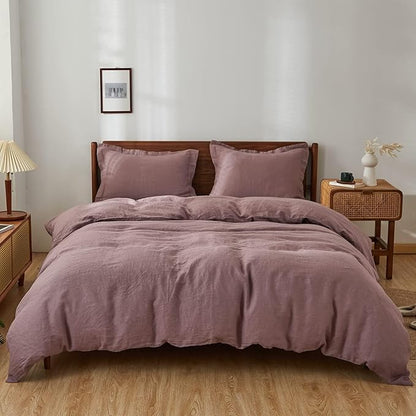 Simple&Opulence 100% Linen Duvet Cover Set, 3 PCS Natural French Flax Purple Duvet Cover Full Size, Breathable Soft Comfy Linen Bedding Comforter Cover with 2 Pillowcases(Purple, 78"x86")