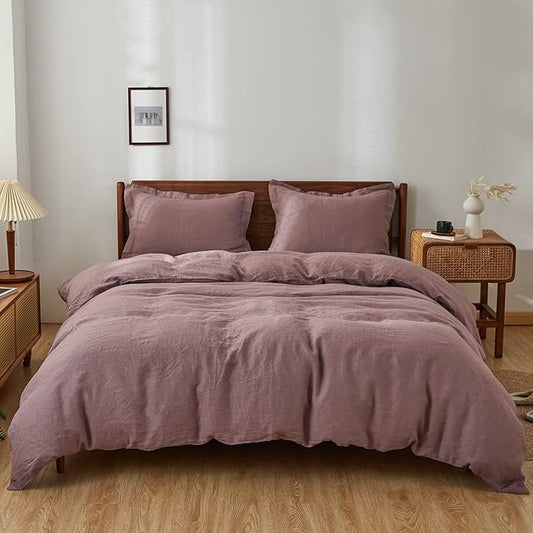 Simple&Opulence 100% Linen Duvet Cover Set, 3 PCS Natural French Flax Purple Duvet Cover Full Size, Breathable Soft Comfy Linen Bedding Comforter Cover with 2 Pillowcases(Purple, 78"x86")