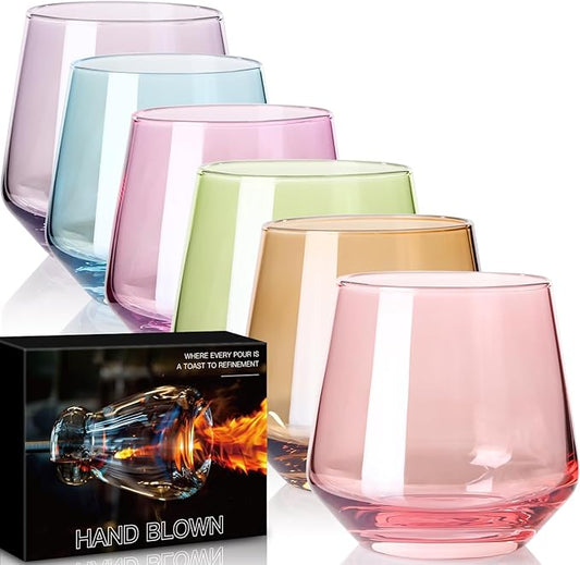 Physkoa Colored Stemless Wine Glasses Set of 6, Multi color Wine Glasses14oz,Diamond Shaped Cocktail Glass,Colorful Short Tumblers.Unique Drinkware for Home Party