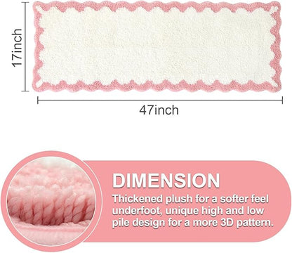 ORTIGIA Long Cute Scalloped Bathroom Rugs Runner, Fun White and Pink Plush Microfiber Scallop Bath Mats Non Slip Washable Quick Dry Absorbent, Rug for Bathtub Sink Laundry Room Bedroom, 17x47