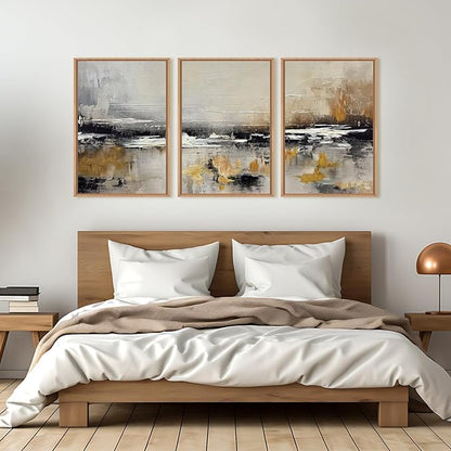 HOURIA Abstract Neutral Brown Tan Canvas Framed Wall Art Set,Textured Grunge Beige Wall Decor,Minimalist Black White Brush Stroke Artwork,Pastel Minimal Zen Print for Living Room,Bedroom-16 x24 x3