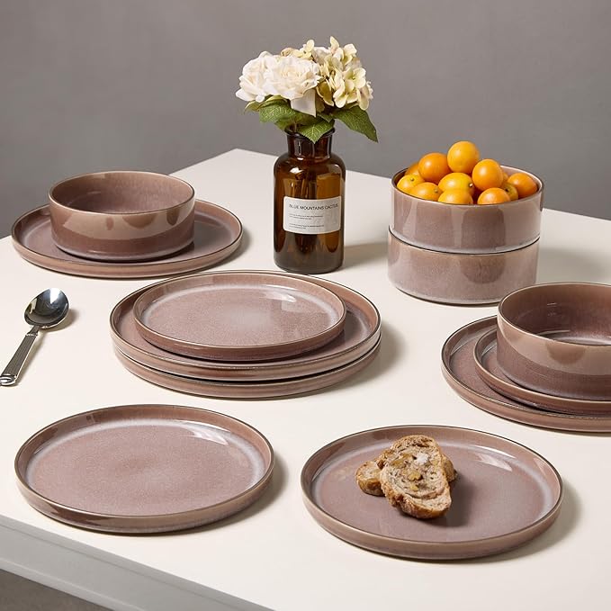 MONITO 12PCS Stoneware Plates and Bowls Set, Ceramic Dinnerware Sets, Service for 4, Chip and Scratch Resistant Dish Set, Microwave and Dishwasher Safe, Housewarming Party Holiday Gift, Vintage Brown