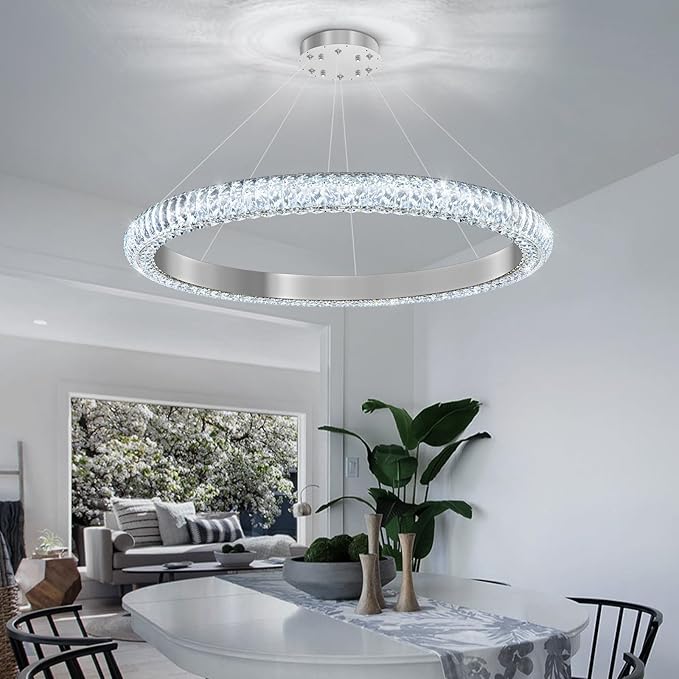 31.5" 1 Ring Crystal Chandelier Modern LED Dimmable Ring Pendant Light Chandelier for Dining Room Living Room Silver