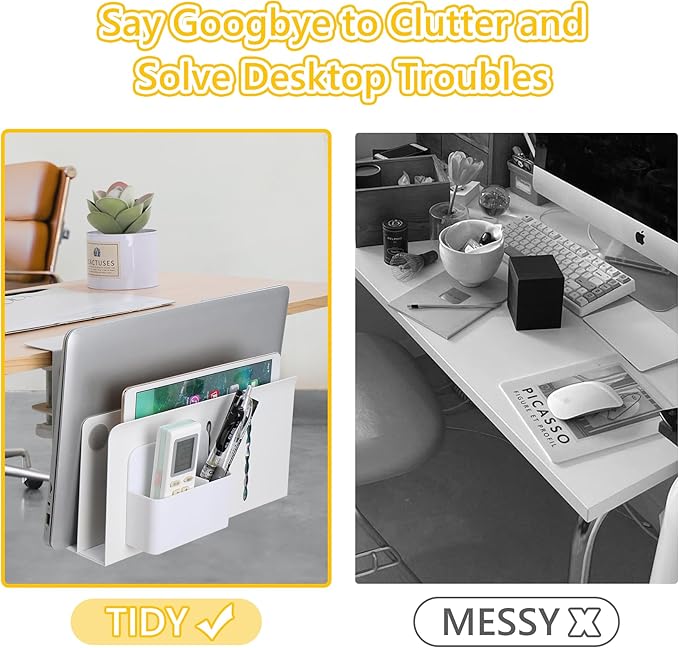 2 TIER Desk Side Storage Upgraded Under Desk Organizer, No Drill Hanging Laptop Holder Under Desk, Clamp-On Table Side Steel Desktop Organization for Office and Home (White)