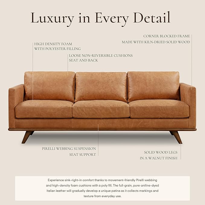 Poly & Bark Nolita Leather Couch - 85-Inch Sofa - Full-Grain Leather Sofa for Living Room with Feather-Down Topper - Living Room Couch - Pure-Aniline Vintage Italian Leather in Cognac Tan