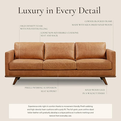Poly & Bark Nolita Leather Couch - 85-Inch Sofa - Full-Grain Leather Sofa for Living Room with Feather-Down Topper - Living Room Couch - Pure-Aniline Vintage Italian Leather in Cognac Tan