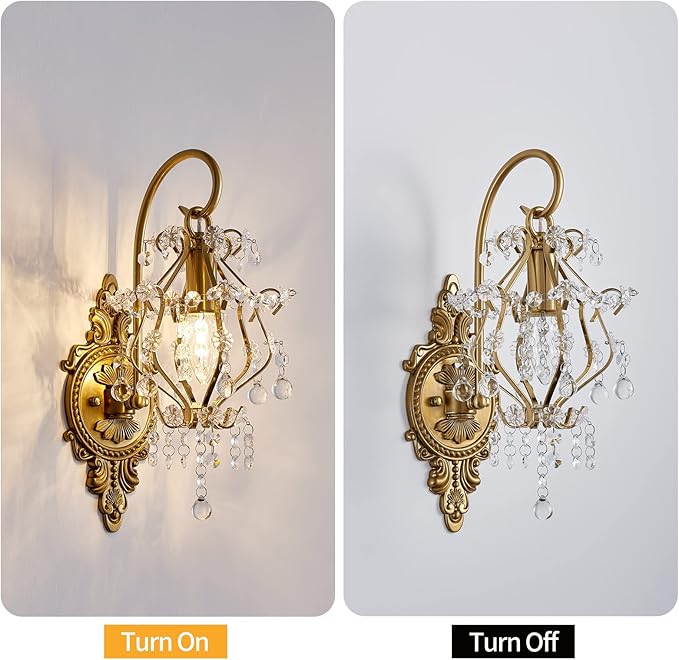 Gold Crystal Vintage Wall Sconces Indoor Hardwired Wall Light Fixture, Modern Wall Mount Lamp Light for Bedroom Living Room Bathroom Vanity Light Hallway Light Fixture Decor LED E12