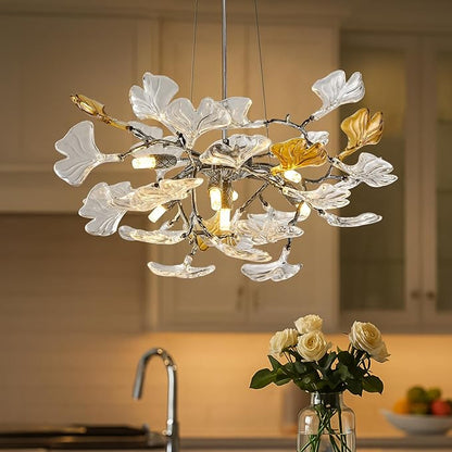 Modern Chandelier for Dining Room, D21.6 Ginkgo Leaf Tree Branch Chandelier, Black Farmhouse Chandelier Over Dining for Living Room Bedroom Kitchen Island, 7-Light