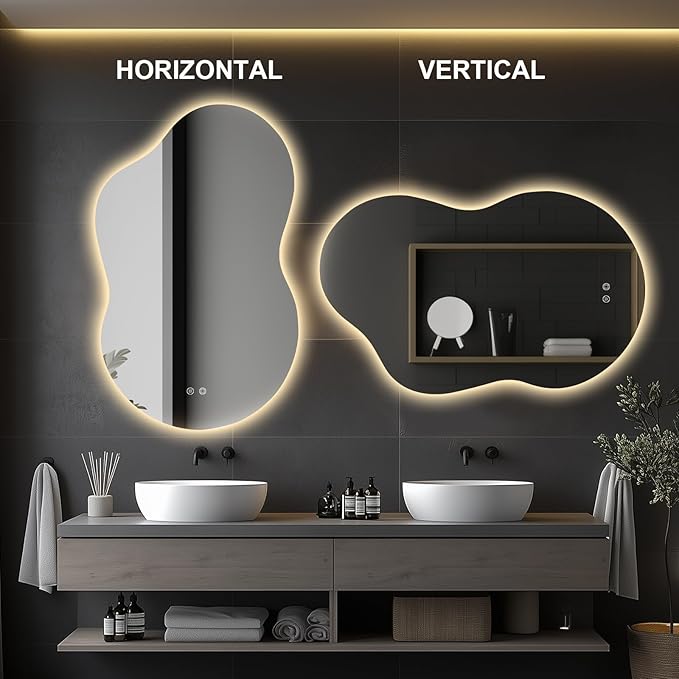 48"x30" Irregular LED Lighted Vanity Mirror for Bathroom, Front and Backlit, Anti-Fog, 3-Color Dimmable Lighting, Wall Mount [Horizontal/Vertical]