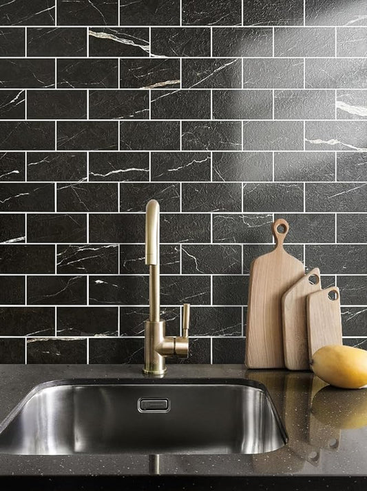 AULIGET 3" x 6" Subway Tile Peel and Stick Backsplash, Thick PVC Stick on Wall Tiles (100, Black Marble + White Grout)