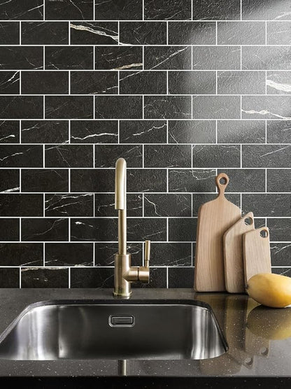 AULIGET 3" x 6" Subway Tile Peel and Stick Backsplash, Thick PVC Stick on Wall Tiles (4, Black Marble with White Grout)