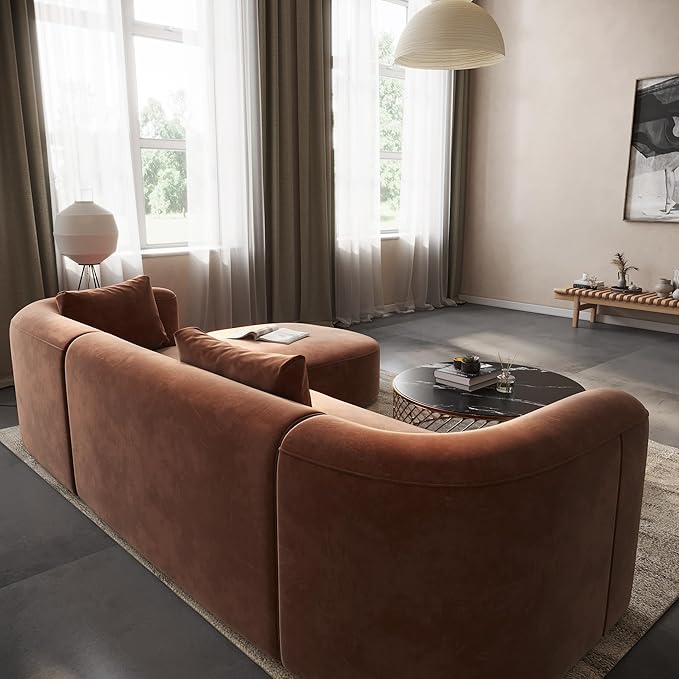 Acanva Luxury Modern Tight Curved Back Velvet Sofa, Minimalist Style Comfy Couch for Living Room Apartment, L-Shape Right Chaise, Tangerine