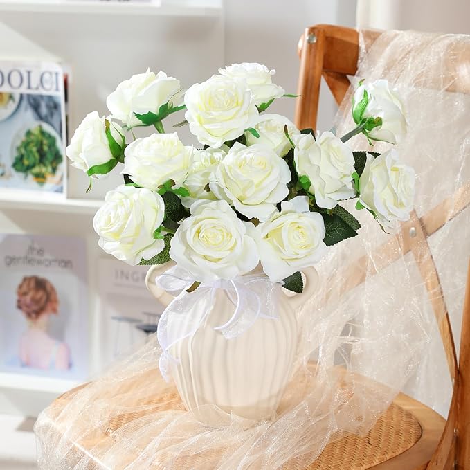 Nubry 50pcs Artificial Silk Roses Bulk,Fake Roses Flower with Stems Realistic Flowers for Wedding Centerpiece Home Party Decor(White)