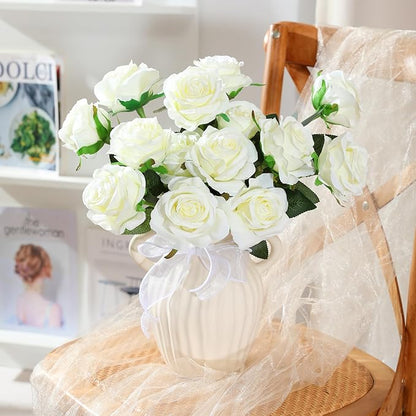 Nubry 50pcs Artificial Silk Roses Bulk,Fake Roses Flower with Stems Realistic Flowers for Wedding Centerpiece Home Party Decor(White)