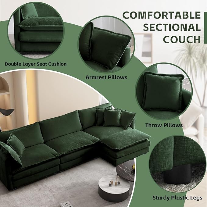 SoarFlash Chenille Sectional Sofa, Comfy L Shaped Modular Coush Sofa with Ottoman, Modern 3 Seat Couch Deep Seat Sofa Set for Living Room,Green