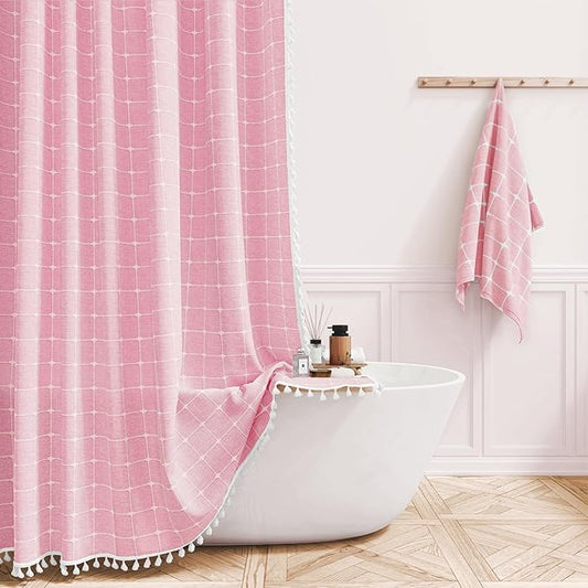 BTTN Extra Long Shower Curtain - 72x96 Inch Long Boho Chic Linen Fabric Heavy Duty Shower Curtain Set with Hooks, Tall Bohemian Farmhouse Shabby Chic Tassel Cloth Shower Curtains for Bathroom - Pink