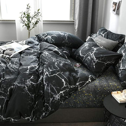 CLOTHKNOW Black Grey White King Size Comforter Set Marble Bedding Comforter Sets All Season Black Comforter Abstract Comforter with 2 x Pillow Cases