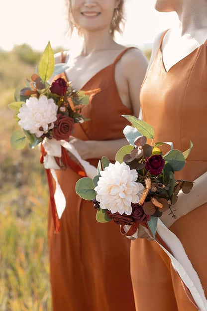 Ling's moment Artificial Flowers Terracotta Bridesmaid Bouquet, Fall Wedding Flowers Bouquets for Bridesmaids, 7 Inch Bridal Bouquets for Bridesmaids, Wedding Decor, Ceremony, Anniversary, etc