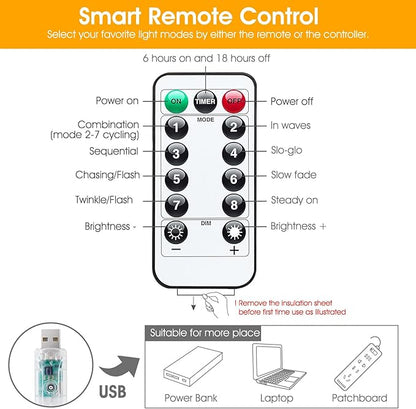 Minetom Curtain Lights, 300 LED Dimmable Fairy Lights with Remote and Timer, 8 Modes, USB Powered String Lights for Room Wall Party Xmas Indoor Decor, Orange
