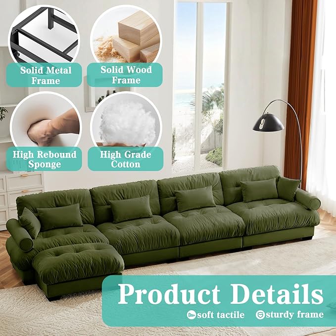 SoarFlash Sectional Couches for Living Room, L Shaped Sofa Couch with Velvet Fabric, 4 Seat Modern Sofa with Ottoman, Removable Pillows for Apartment, Green