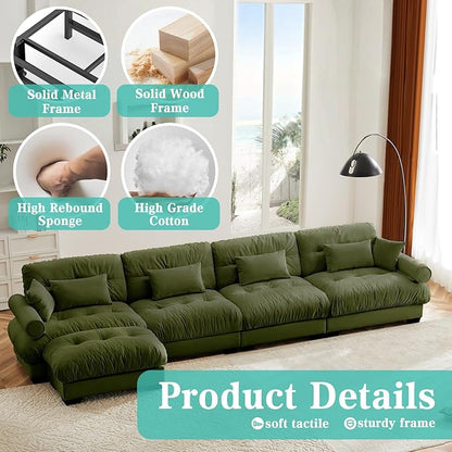 SoarFlash Sectional Couches for Living Room, L Shaped Sofa Couch with Velvet Fabric, 4 Seat Modern Sofa with Ottoman, Removable Pillows for Apartment, Green