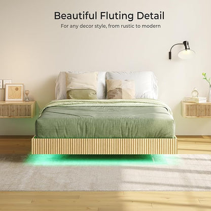 Tatub Natural Full Floating Bed Frame with LED Lights, Modern Fluted Oak Platform Bed Frame Floating, Heavy Duty Metal Slats, No Box Spring Required