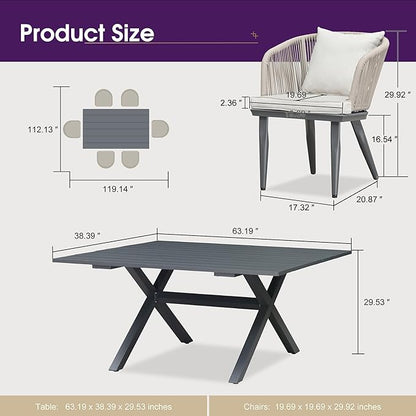 PURPLE LEAF 7 Pieces Patio Dining Table Set Wicker Outdoor Furniture Rectangular Table and Chairs Set for Garden Deck Aluminum Frame Backyard Kitchen Set, Cushions and Pillows Included Taupe