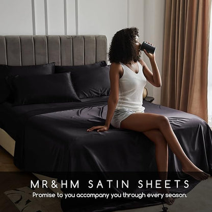 MR&HM Satin Bed Sheets, Full Size Sheets Set, 6 Pcs Silky Bedding Set with 15 Inches Deep Pocket for Mattress (Full, Black)
