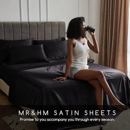 MR&HM Satin Bed Sheets, Queen Size Sheets Set, 6 Pcs Silky Bedding Set with 15 Inches Deep Pocket for Mattress (Queen, Black)
