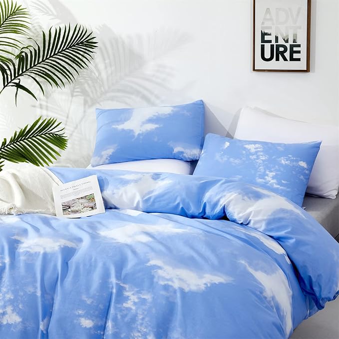 CLOTHKNOW Blue Sky 3Pcs Bedding Set - Twin Comforter Set with 2 Pillowcases, Cotton Microfiber, Cloud Design, Unisex, All Seasons, Machine Wash