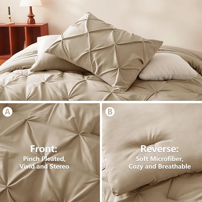 CozyLux King Size Comforter Set Taupe, 7 Pieces Pintuck Bed in A Bag Taupe Comforter King Size, Pinch Pleat Bedding Set with All Season Comforter, Sheets, Pillowcases & Shams
