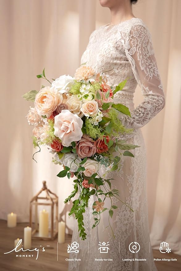 Ling's moment Pink Bride Wedding Bouquet - 15 Inch Wedding Blush Garden Artificial Flowers for Bride