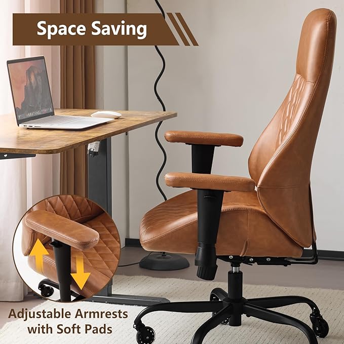 YFO Home Office Chair High Back Office Rubber Casters Ergonomic Computer Chair with Lumbar Support Adjustable Height Rolling Swivel Chair Executive Task Armrests， Brown Leather