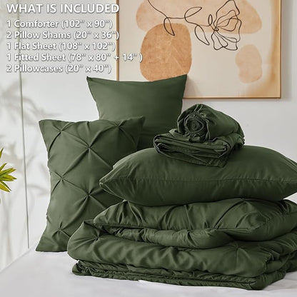 CozyLux King Size Comforter Set Olive Green, 7 Pieces Pintuck Bed in A Bag Green Comforter King Size, Pinch Pleat Bedding Set with All Season Comforter, Sheets, Pillowcases & Shams