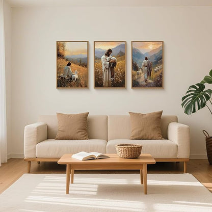 HOURIA Jesus Leaves The 99 Sheep Framed Canvas Wall Art Set,Christian The Lost Sheep Wall Decor,Jesus Embraces Lamb Artwork,Religious Biblical Art Prints for Living Room, Bedroom, Church- 24"x36"x3