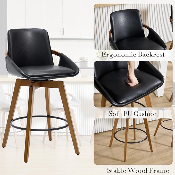 Mid-Century Swivel Bar Stools Set of 6, 26.5 inch Counter Height Barstools PU Leather Bar Chairs with Wooden Frame for Kitchen Island Dining Room, Black