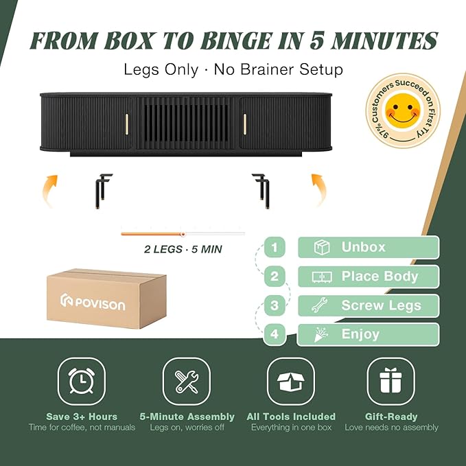 POVISON Fully-Assembled Mid Century Modern TV Stand, Sliding Tambour Door Entertainment Center with Storage, Wood TV Console, Media Console for Living Room Bedroom(Black, 78.74")