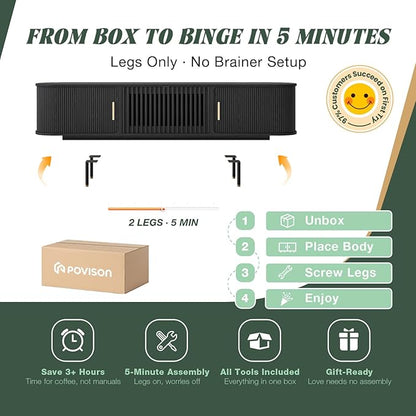 POVISON Fully-Assembled Mid Century Modern TV Stand, Sliding Tambour Door Entertainment Center with Storage, Wood TV Console, Media Console for Living Room Bedroom(Black, 78.74")