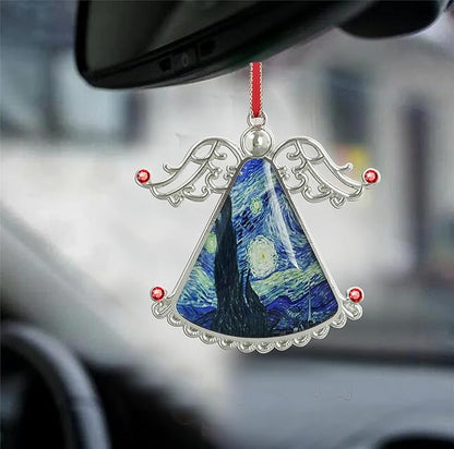 XUTAI Angel Christmas Tree Ornament Van Gogh Starry Night Style Glass Christmas Hanging Angel Glass Pendant for Holiday Decoration
