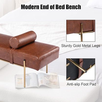 Modern End of Bed Bench, Upholstered Entryway Bench with Detachable Pillow for Living Room, PU Leather Ottoman Bench with Gold Metal Legs, Comfy Cushion Bedroom Decoration Benches (Brown)