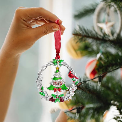 Christmas Tree Ornament Metal Silver Hanging Rotatable Design Charm Holiday Decorative Pendant Gift Keepsake (2025 Joy)